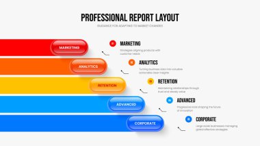 Financial Briefing 5 Element Diagram Slide Design. Digital Portfolio Slideshow Template Vector Illustration. Project Forecast Five Step Infographic Presentation Layout.