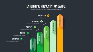 Business Insight Presentation Layout Vector Illustration. Professional Analysis 5 Option Diagram Slide Design. Financial Overview Five Step Infographic Slideshow Template.