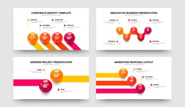 Marketing Overview 4 5 2 3 Step Chart Slide Template Bundle. Corporate Report Four Five Two Three Element Diagram Presentation Design Vector Illustration Collection.
