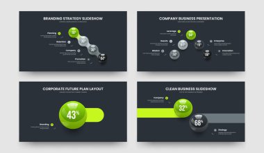 Consulting Innovation Four Five One Two Element Graph Slideshow Template Vector Illustration Set. Science Visualization 4 5 1 2 Option Chart Slide Design Collection.