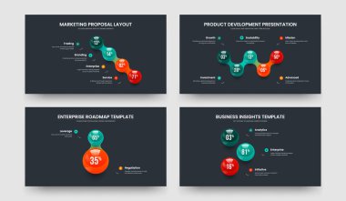 Sales Overview Four Five Two Three Option Chart Slide Design Vector Illustration Bundle. Clean Planning 4 5 2 3 Element Infographic Presentation Template Collection.