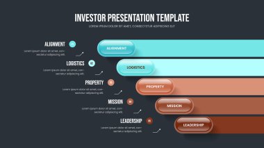 Servis Portföyü Beş Element Bilgi Kaydırma Tasarımı. Kurumsal Büyüme Çerçeve Düzeni Vektör İllüstrasyonu. Yatırımcı Insight 5 Seçenek Diyagramı Sunum Şablonu.