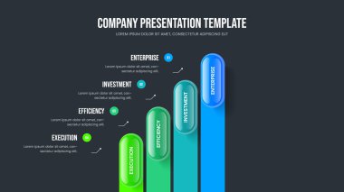 Reklam Fırlatma 4 Seçenek Diyagramı Sunum Şablonu. Kurumsal Plan Dört Element Bilgi Kaydırma Düzeni. Pazarlama Slayt Gösterisi Slayt Tasarım Vektörü İllüstrasyonu.