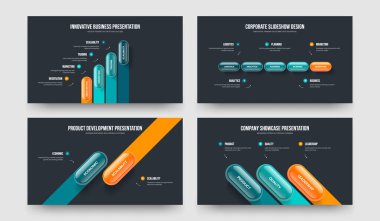 Reklam İcadı 4-5-2-3 Element Diyagram Slayt Şablonu Vektör Resimleri Paketi. Atılgan Görselleştirme 4523 Adım Bilgisel Çerçeve Tasarımı Ayarları.
