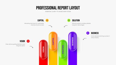 Şirket Portföyü 4 Adım Diyagram Şablonu. Proje İncelemesi Dört Seçenek Slayt Gösterisi Tasarımı. Danışmanlık Raporu Slayt Düzeni Vektör İllüstrasyonu.
