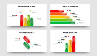 Görsel Insight 4523 Seçenek Slayt Gösterisi Şablonu Paketi. Satışlar Hava Durumu 4-5-2-3 Element Diyagramı Sunum Düzeni Vektör İllüstrasyon Koleksiyonu.