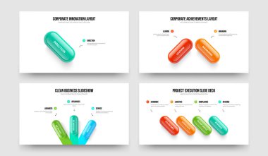 Yatırımcı Performansı 1234 Element Bilgi Sunum Şablonu Paketi. Şirket Portföyü 1, 2, 3, 4, Diagram Slayt Gösterisi Vektör Çizimi.