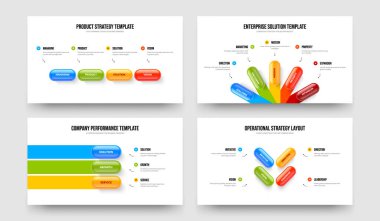 Ürün Görselleştirme Dört Beş Adım Tanıtım Şablonu Vektör İllüzyon Kümesi. Profesyonel Rapor 453 Seçenek Diyagramı Çerçeve Düzeni Koleksiyonu.