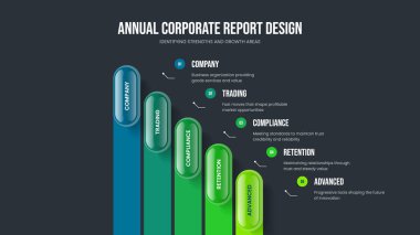 Reklam Planlama Beş Adım Diyagram Tasarımı. Yaratıcı Teklif Slayt Gösterisi Şablon Vektör İllüstrasyonu. Yatırımcı Fırlatma 5 Element Bilgisel Slayt Düzeni.