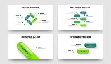 İş Planı 4-5-1-2 Element Sunum Şablonu Vektör Resimleri Koleksiyonu. Görsel Gözden Geçirme 4512 Seçenek Slayt Gösterisi Tasarımı.
