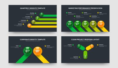 Pazarlama Performansı 4-5-2-3 Seçenek Grafik Sunum Şablonu Vektör Çizim Paketi. Eğitim Çözümü 4523 Element Diyagramı Slayt Gösterisi Tasarımı.
