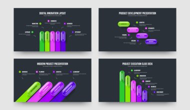 Proje Gözden Geçirme Beş Dört Seçenek Bilgisel Çerçeve Düzeni Vektör İllüstrasyon Kümesi. Pazar Şovu 5. Adım Diyagram Sunum Şablonu Paketi.