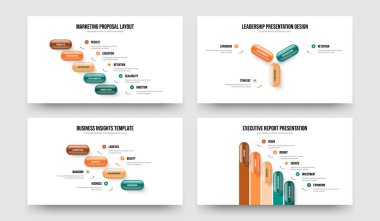Modern Kampanya Beş Üç Dört Seçenek Slayt Tasarım Vektörü İllüstrasyon Seti. Görsel Fırlatma 534 Adım Bilgi Slayt Gösterisi Şablonu Koleksiyonu.