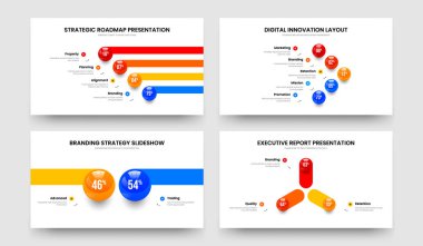 Yaratıcı Strateji 4-5-2-3 Element Bilgi Slayt Gösterisi Şablon Vektör Resimleri Koleksiyonu. Bilim Buluşu 4523 Seçenek Diyagram Kaydırma Tasarımı Paketi.