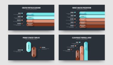 Pazarlama Buluşu Dört Beş İki Üç Basamaklı Diyagram Sunum Düzeni Vektör Çizim Paketi. Ürün Analizi 4523 Element Bilgi Kaydırma Şablonu Koleksiyonu.