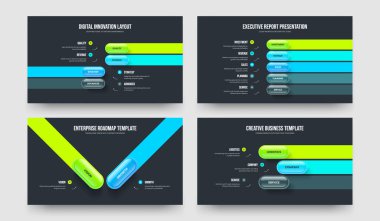 Şirket Planı 4523 Seçenek Slayt Gösterisi Şablonu Ayarlandı. Servis Fırlatma 4-5-2-3 Element Diyagramı Çerçeve Düzeni Vektör Çizim Paketi.