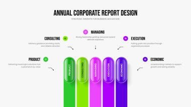 Pazarlama Performans Çerçeve Düzenleme Vektör İllüstrasyonu. Modern Analiz 5 Seçenek Bilgi Sunum Şablonu. Servis Profili Beş Element Diyagramı Slayt Tasarımı.