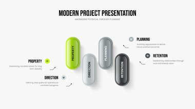 Profesyonel Strateji 4 Seçenek Bilgi Sunumu Tasarımı. Görsel Gösteri Dört Eleman Diyagramı Slayt Gösterisi Düzeni. Kurumsal İcat Kaydırma Şablonu Vektör İllüstrasyonu.