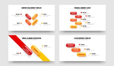İş Performansı 4523 Opsiyon Bilgi Kaydırağı Tasarım Koleksiyonu. Reklam Kampanyası 4-5-2-3 Element Diyagramı Sunum Şablonu Vektör Çizimi.