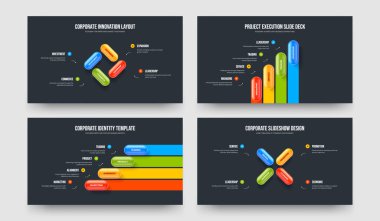 Görsel Tahmin Dört Element Bilgi Slayt Gösterisi Vektör İllüstrasyon Koleksiyonu. Pazarlama Büyümesi 4 Seçenek Diyagram Tasarım Paketi.