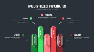 Şirket Giriş Beş Basamaklı Bilgi Şablonu. Enterprise Showcase 5 Element Diyagramı Slayt Gösterisi Düzeni. Servis İçgörü Slaytı Tasarım Vektörü İllüstrasyonu.