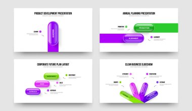 Görsel Planlama 1-2-3-4 Element Diyagramı Sunum Tasarım Vektör Çizimi. Girişim Kampanyası 1234 Seçenek Slayt Düzeni Paketi.