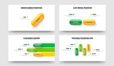Profesyonel Strateji 1234 Element Diyagram Slayt Şablonu Koleksiyonu. Kurumsal Profil 1-2-3-4 Seçenek Slayt Tasarım Vektörü Çizim Paketi.