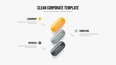 Dijital Gösteri 3 Element Bilgi Slayt Gösterimi Şablonu. Danışmanlık Kampanyası Üç Adım Diyagram Kaydırma Tasarımı. Şirket Portföy Çerçeve Düzeni Vektör İllüstrasyonu.