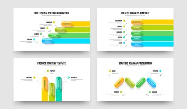 Business Review 4-5-3 Element Diyagramı Sunum Tasarımı Vektör İllüstrasyon Seti. Şirket Portföyü 453 Adım Bilgi Slayt Gösterisi Yerleşimi Koleksiyonu.