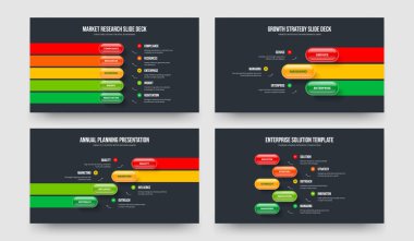 Piyasa Tahmini Beş Üç Dört Adım Bilgi Sunumu Vektör İllüstrasyon Koleksiyonu. Yaratıcı Performans 534 Seçenek Slayt Gösterisi Şablonu Ayarları.