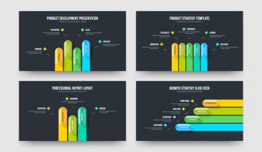 Piyasa Stratejisi 4-5-3 Element Bilgi Slayt Gösterisi Tasarım Vektörü İllüstrasyon Paketi. Modern Planlama 453 Seçenek Şablon Koleksiyonu.
