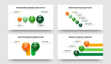 Servis Showcase 4-5-2-3 Element Bilgi Sunumu Modeli Vektör Çizimi. Proje Tanıtımı 4523 Adım Çizelgesi Şablon Paketi.