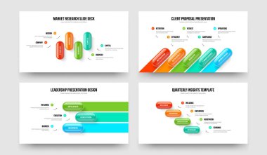 Modern Performans Dört Beş Üç Element Bilgi Sunumu Şablon Vektör İllüstrasyon Koleksiyonu. Satış Şovu: 453 Adım Diyagram Slayt Tasarımı Seti.