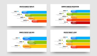 Pazarlama Büyümesi 453 Adım Bilgi Slayt Gösterisi Düzeni Paketi. Modern Genel Görünüm Dört Beş Üç Eleman Diyagramı Şablon Vektör Resimleme Koleksiyonu.