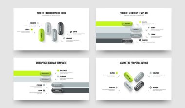 Görsel Kampanya 4 Seçenek Diyagramı Sunum Tasarım Seti. Pazarlama Raporu Dört Adım Bilgi Slayt Gösterisi Vektör Çizim Paketi.