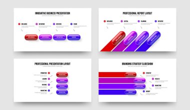 Danışmanlık Büyüme 4 Element Infographic Frame Design Set. Enterprise Planlama Dört Seçenekli Diyagram Kaydırma Düzeni Vektör Çizim Paketi.