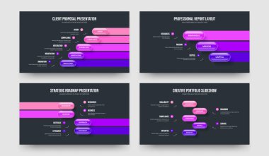 Profesyonel Portföy Beş Üç Dört Seçenek Bilgi Sunumu Tasarım Vektörü İllüstrasyon Paketi. Girişim Planlama 534 Adım Slayt Gösterisi Şablonu Ayarlandı.