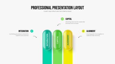 Danışmanlık Planı Slayt Gösterisi Vektör İllüstrasyonu. Profesyonel Genel Görünüm Üç Element Diyagramı Sunum Tasarımı. Dijital Çalıştırma 3 Adım Bilgi Şablonu.