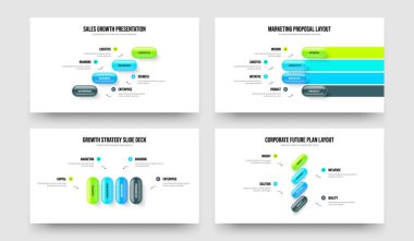 Pazarlama Geliştirme 4 Adım Diyagram Slayt Şablonu Paketi. Modern Teklif Dört Element Bilgi Kaydırma Düzeni Vektör Resimleme Koleksiyonu.