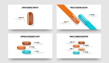 İş Çözümü 1234 Adım Diyagram Kaydırağı Tasarım Paketi. Finansal Plan 1-2-3-4 Element Bilgi Slayt Gösterisi Vektör Çizim Koleksiyonu.