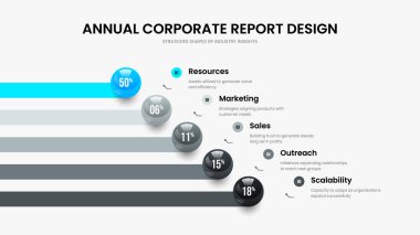 Şirket Planlama Beş Seçenek Grafik Çerçeve Düzeni. Renkli Geliştirme 5 Element Grafik Slayt Gösterisi Tasarımı. Modern Rapor Kaydırma Şablonu Vektör ResmiComment.