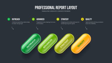Şirket Planı Slayt Gösterisi Şablon Resimleri. Reklam Brifingi, Dört Adım Diyagram Kaydırma Düzeni. Pazarlama Kampanyası 4 Element Bilgi Sunumu Tasarımı.
