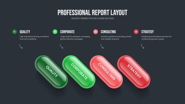Şirket Kampanyası 4 Seçenek Diyagram Düzenleme. Görsel Gelişim Dört Element Bilgi Sunumu Tasarımı. Satışlar Slayt Gösterisi Şablon Vektör İllüstrasyonu.