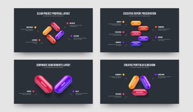 Fırlatma 4523 Element Bilgi Slayt Gösterisi Şablonu Ayarlanıyor. Satış İcat 4-5-2-3 Seçenek Diyagram Slayt Tasarım Vektörü Çizim Paketi.