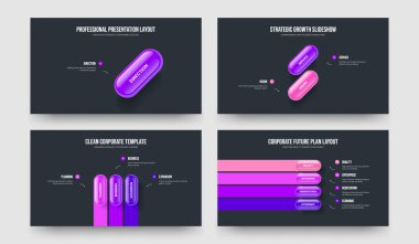 Profesyonel Profil 1234 Element Bilgi Sunum Şablonu Paketi. Danışmanlık Portföyü Bir İki Üç Dört Adım Diyagram Kaydırma Tasarım Vektörü Çizimi.