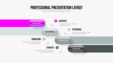Piyasa Büyümesi Çerçeve Düzeni Vektör İllüstrasyonu. Modern Profil 4 Adım Diyagram Kaydırma Tasarımı. Yaratıcı Plan Dört Seçenek Bilgisel Sunum Şablonu.