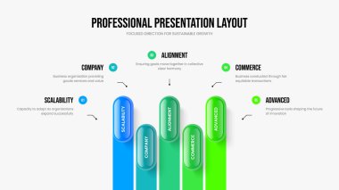 Satış Şovu Beş Seçenek Bilgilendirme Sunum Düzeni. Pazarlama Portföyü 5 Adım Diyagram Şablonu. Profesyonel Analiz Slaytı Tasarım Vektörü İllüstrasyonu.