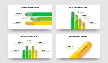 Yaratıcı Fırlatma 3-4-5-1-Basamaklı Slayt Tasarım Vektör Çizimi. İş Kampanyası 345Element Diyagramı Slayt Şablonu Paketi.