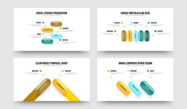 Finansal İçgörü 4523 Adım Diyagram Sunum Tasarım Koleksiyonu. Piyasa Profili 4-5-2-3 Seçenek Bilgi Çerçeve Düzeni Vektör Çizim Paketi.