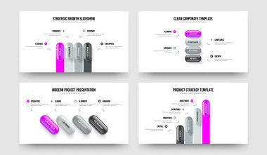 Şirket İçgörü Dört Seçenek Diyagram Kaydırağı Vektör Çizim Paketi. Modern Hava Durumu 4 Adım Bilgisel Sunum Tasarımı.